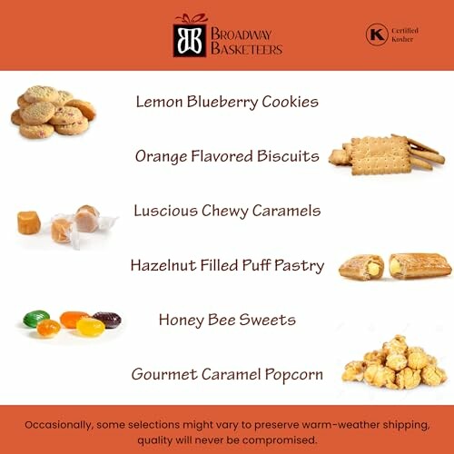 Assorted gourmet treats including cookies, biscuits, caramels, puff pastry, sweets, and popcorn from Broadway Basketeers.