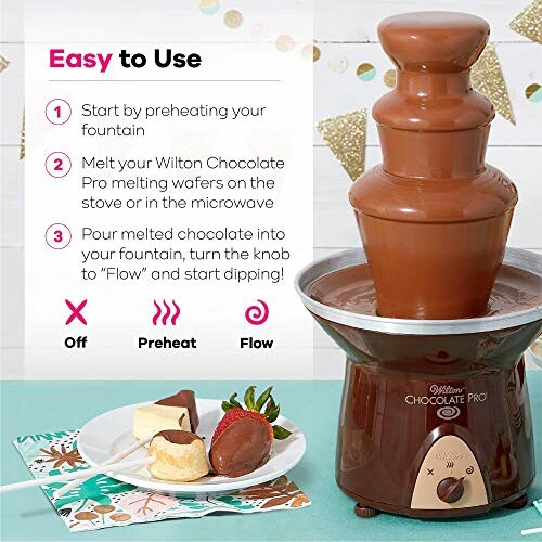 Instructions for using a chocolate fountain with preheat and flow settings.