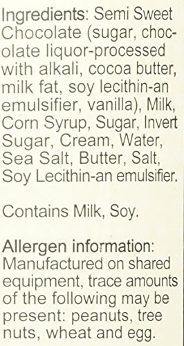 Ingredients label for semi-sweet chocolate with allergen information.