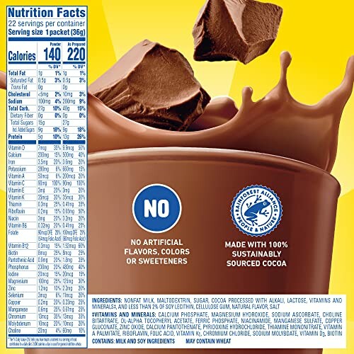 Nutrition facts label and chocolate splash with chunks.