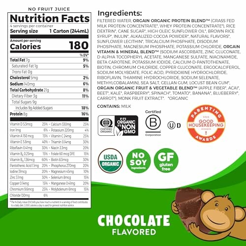 Chocolate flavored protein drink nutrition and ingredients label.