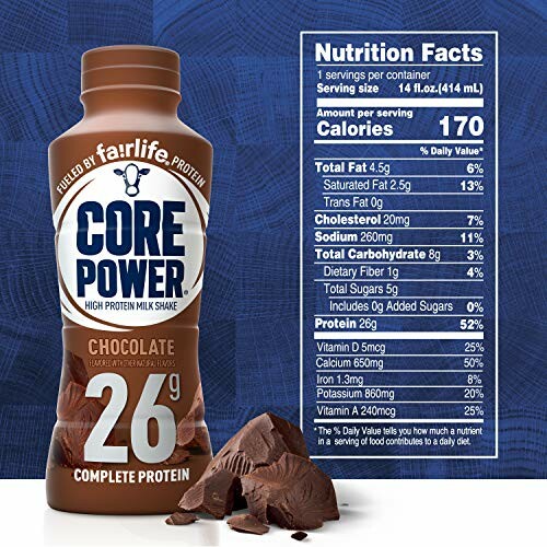 Core Power chocolate protein shake bottle with nutrition facts.