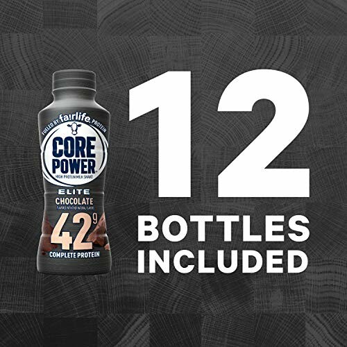 Core Power Elite Chocolate Protein Shake with 42g protein, 12 bottles included.