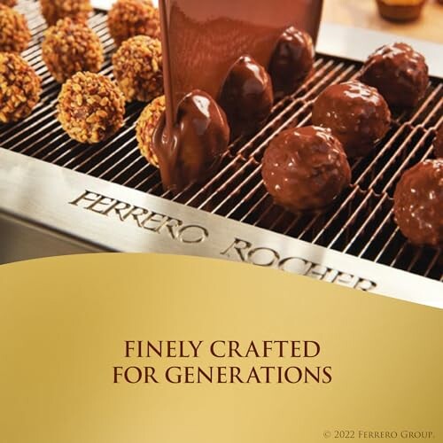 Ferrero Rocher chocolates being crafted on a production line.