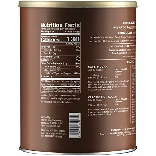 Ghirardelli Sweet Ground Powder can with nutrition facts and recipes.