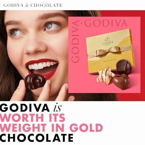 Woman enjoying Godiva chocolate with a box of chocolates displayed.