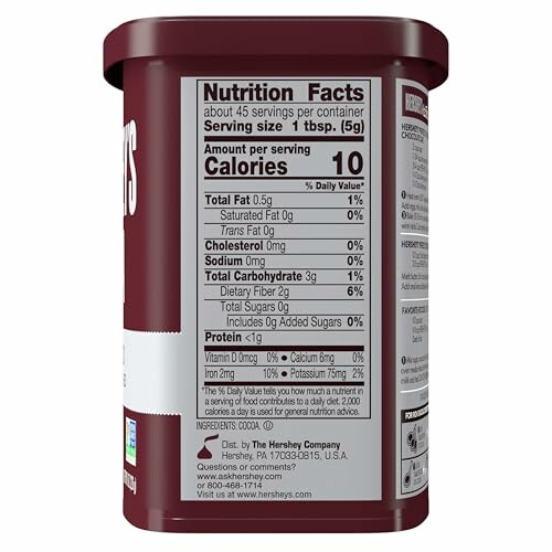 Hershey's cocoa container showing nutrition facts label.