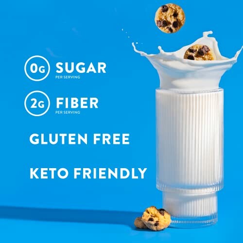 Milk splashing with cookies, highlighting sugar-free, fiber-rich, gluten-free, keto-friendly features.