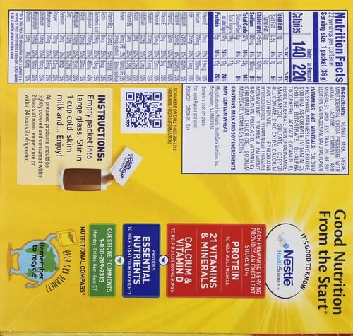 Nestle chocolate milk box with nutrition facts and instructions.