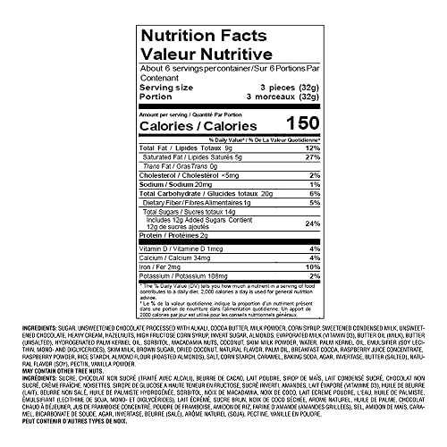 Nutrition facts label for chocolate candy with ingredients list.