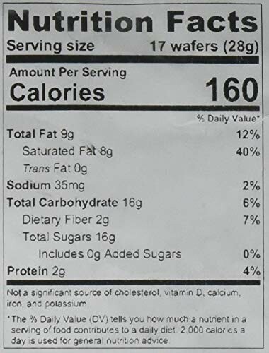 Nutrition facts label showing calories, fats, sodium, carbohydrates, sugars, and protein content.