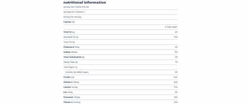 Nutritional information label with serving size, calorie count, and nutrient details.