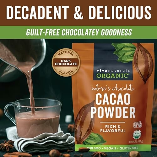 Organic cacao powder next to a pouring glass of chocolate drink.