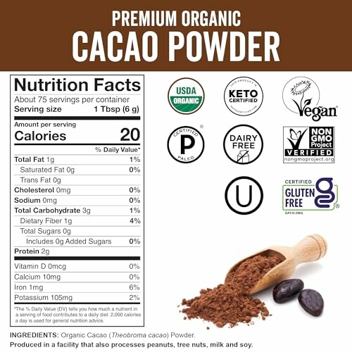 Premium organic cacao powder with nutrition facts and certification logos.