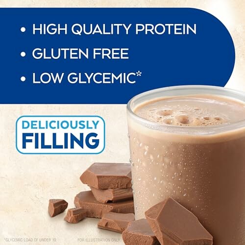 Chocolate protein shake with benefits: high quality protein, gluten free, low glycemic.