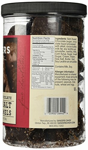 Jar of Sanders Dark Chocolate Sea Salt Caramels with ingredient and nutrition labels.