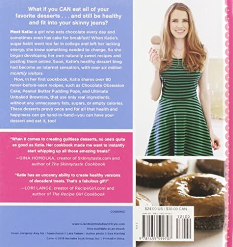 Back cover of a dessert cookbook featuring a smiling woman holding a donut.