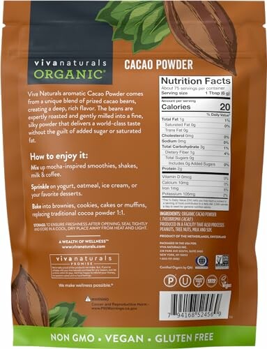 Viva Naturals Organic Cacao Powder packaging with nutrition facts.