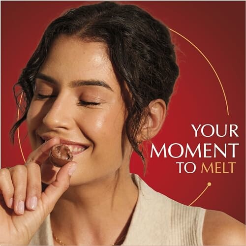 Woman savoring a chocolate piece with eyes closed.